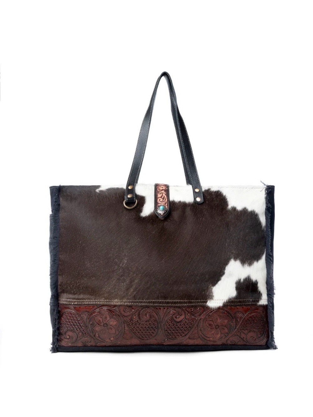 Cowhide Leather Weekender Bag with Tooled Trim - Black & White